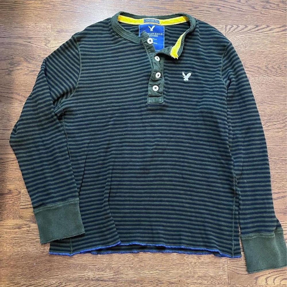 y2k vintage men's green & black striped button up henley long sleeve top xxl